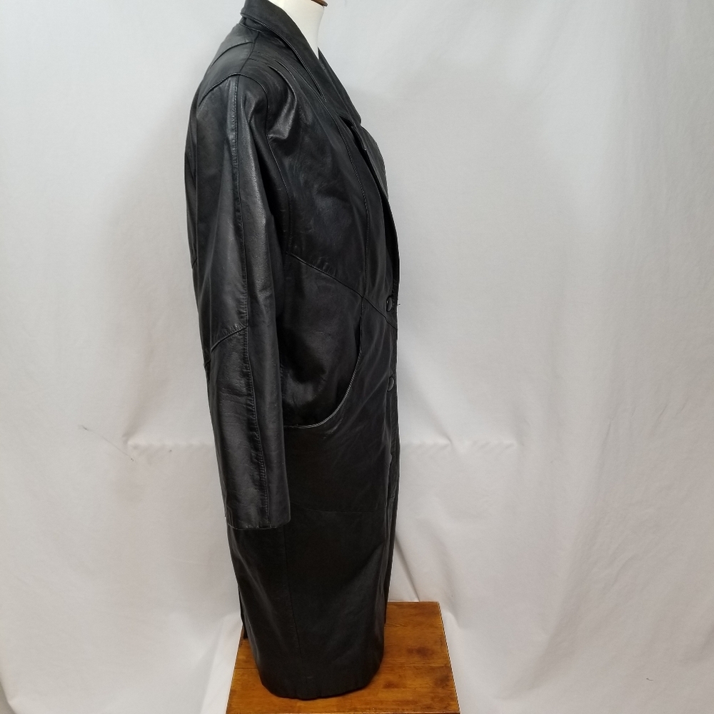 VTG Wilsons Thinsulate Black Genuine Leather Women's Petite S Button Trench Coat - Picture 3 of 15